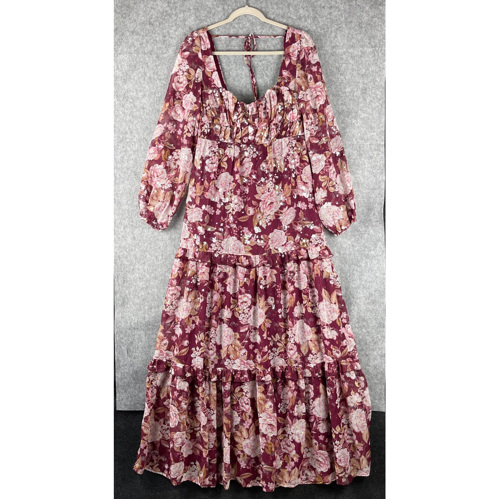 Altar'd State Sailor Tiered Maxi Dress Womens Medium Burgundy Floral Sequins - Picture 2 of 16